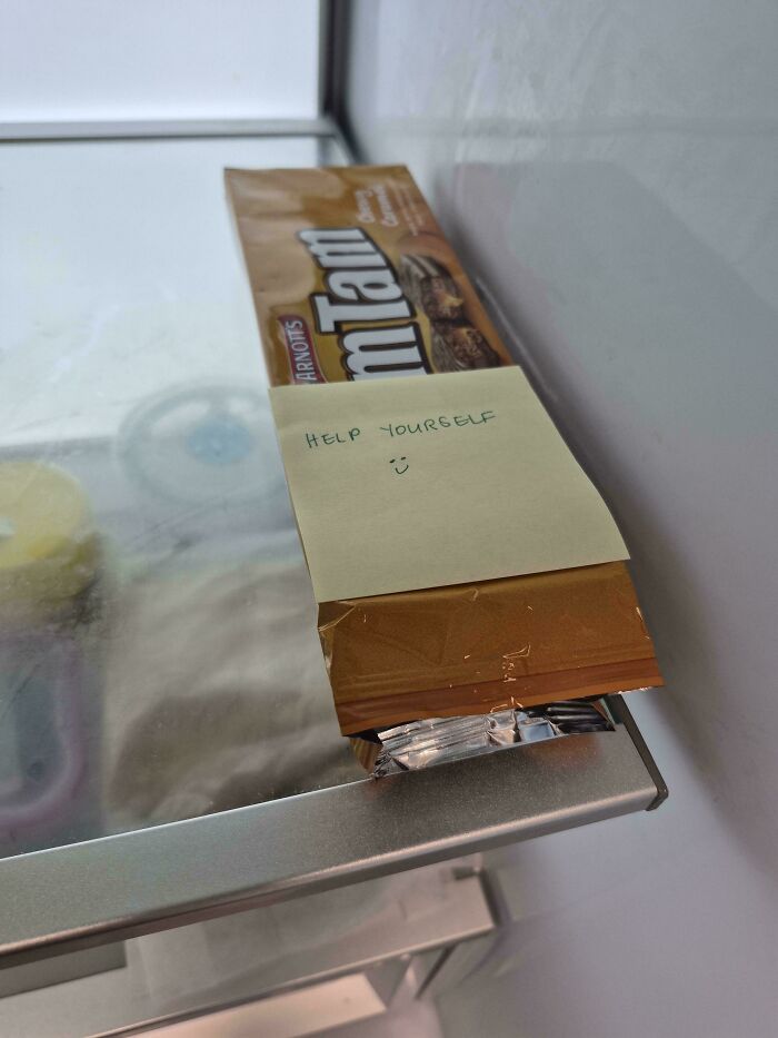 Note Saying “Help Yourself” On My Tim Tams. Thanks!