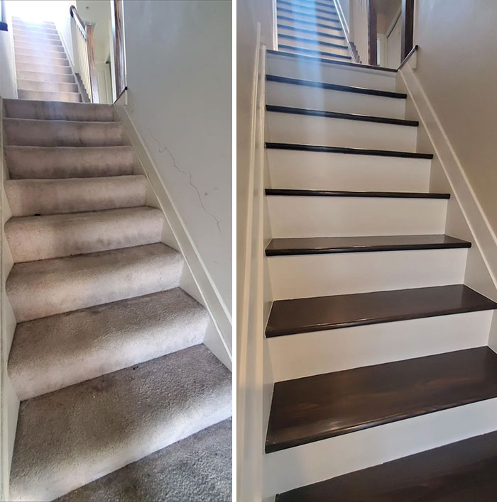 From Carpeted Pine Stairs to Sanded and Stained Wood – First Woodworking Project!