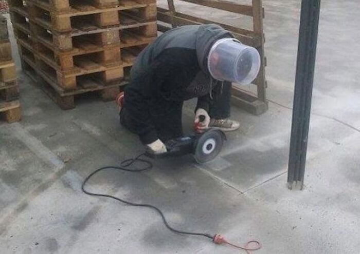 No Helmet? No Problem! Just Use a Plastic Bucket!