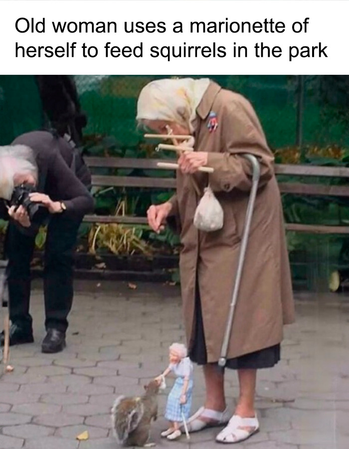 85-Year-Old Lady Uses Puppet Of Herself To Feed Squirrels
