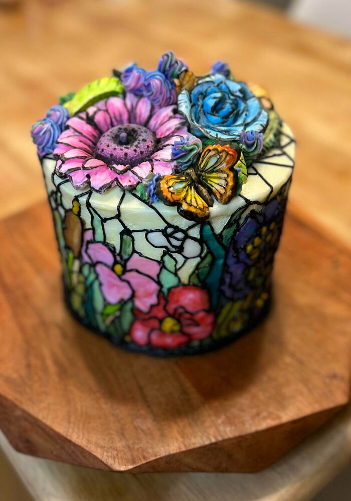 My Stained Glass Cake With Fancy Sugar Flowers and a Butterfly That Looks Real-ish