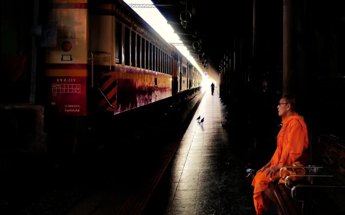 Chilling Monk Waiting For the Train
