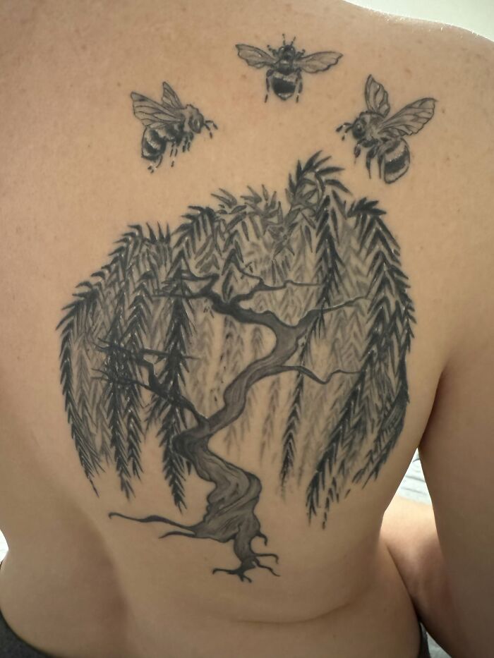 Three Bees Above a Weeping Willow for My Three Losses