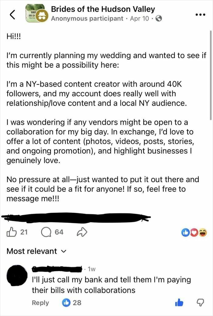 Influencer Bride Wants a Free Wedding — In Exchange for ‘Exposure’