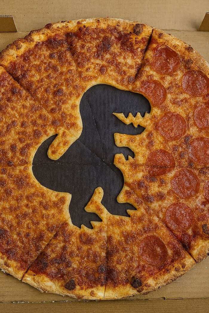 Took A Bite Out Of Every Pizza Slice. See The Dinosaur?