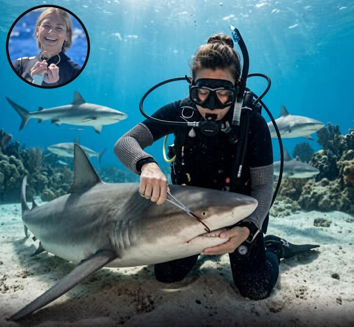 Diver’s Shark Hook Rescue Mission: Removing Fishy Foes One Gnarly Grab at a Time