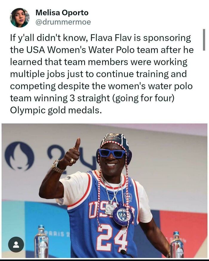 Why does Flava Flav need to sponsor USA Women’s Water Polo? Weird flex.