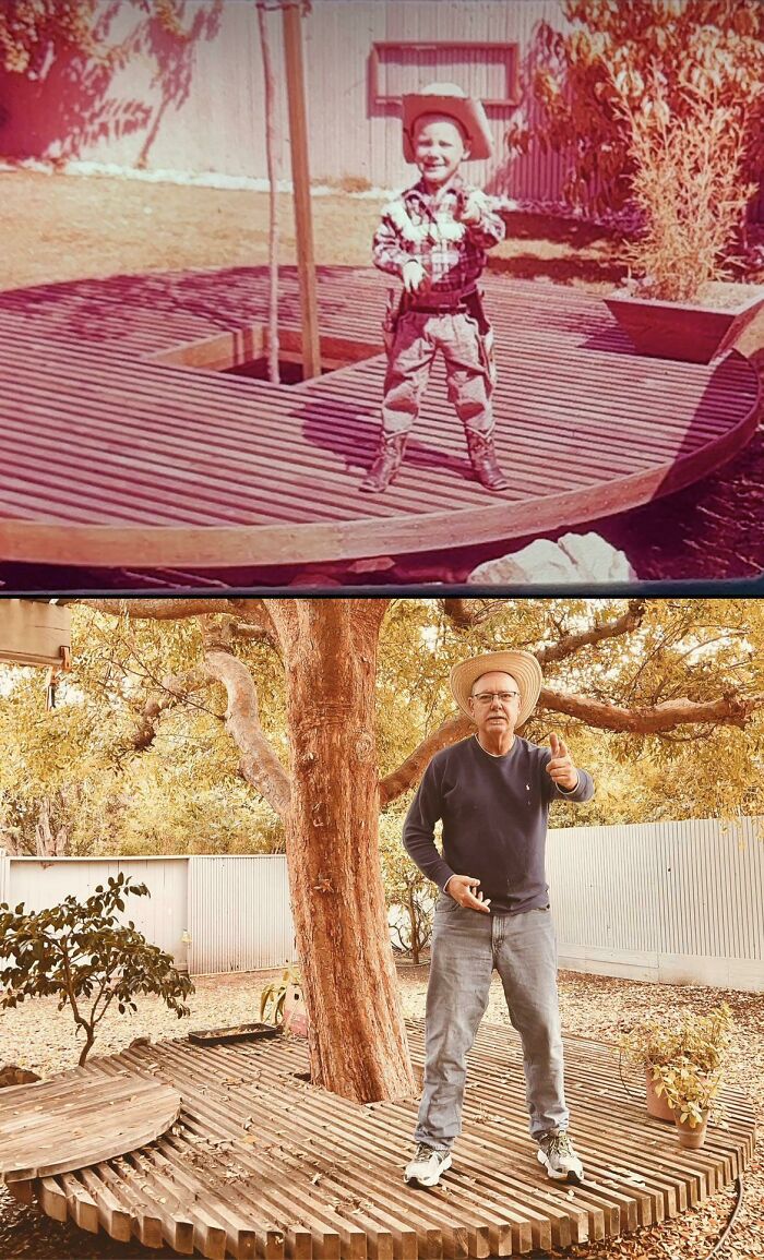 Cowboy at Age 4 and Age 63 with His Tree