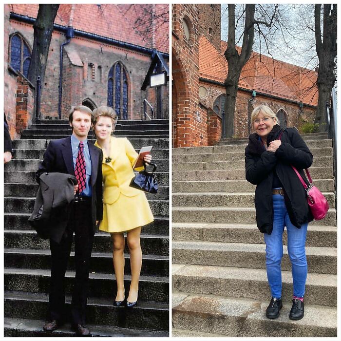 Mom on Wedding Day 1972 vs. 2021 — Same Stair, Different Times