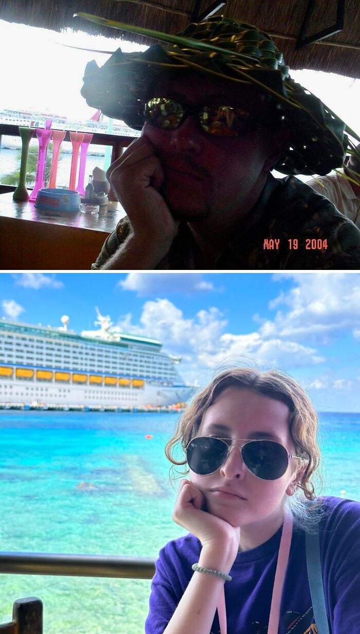 Father and Daughter, Same Spot in Cozumel — 19 Years Apart