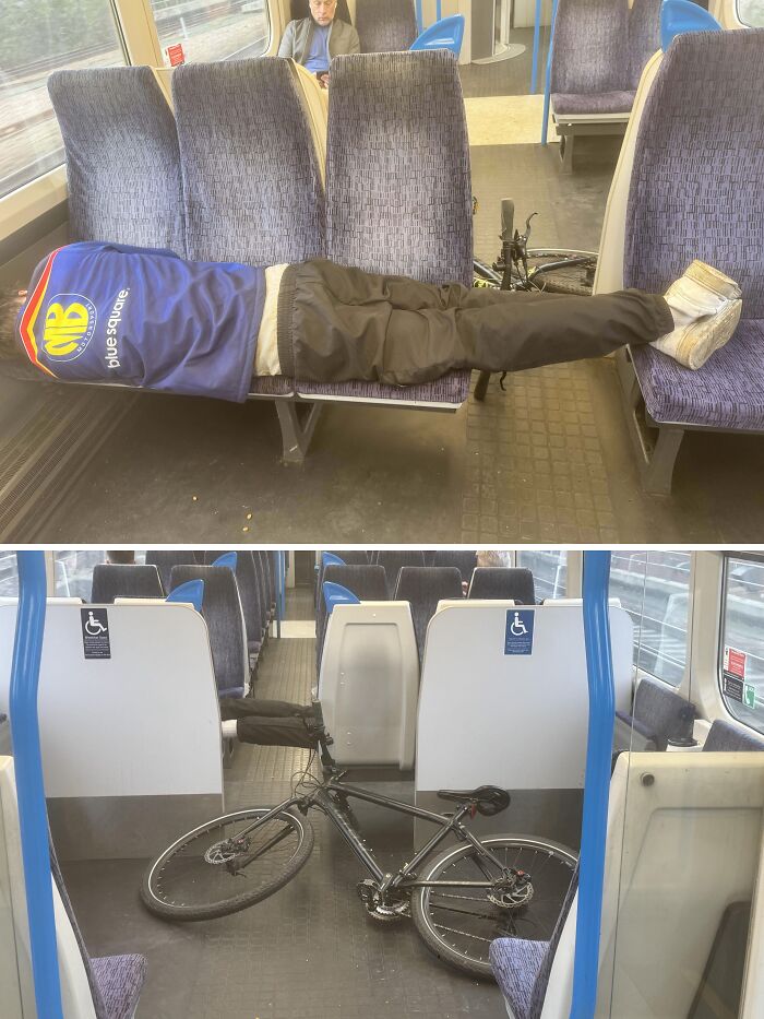 Guy Lying Across Seats with Bike Blocking Space — Classic Move