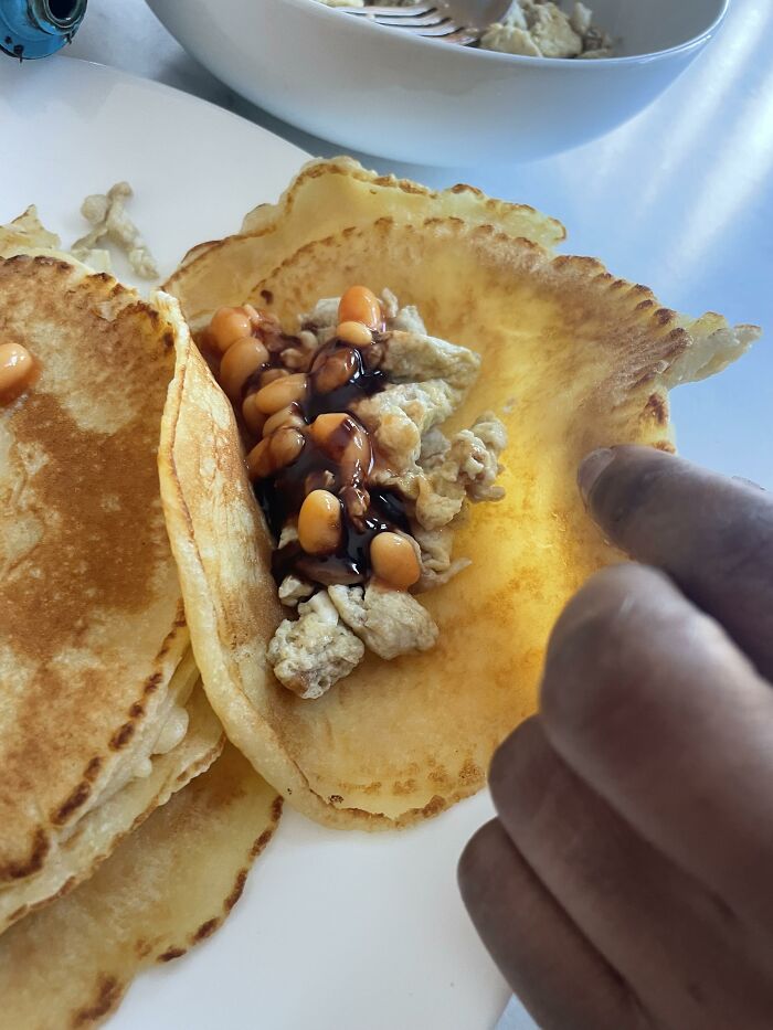 Pancakes with Scrambled Eggs, Beans & Chocolate Syrup: Breakfast Rebel