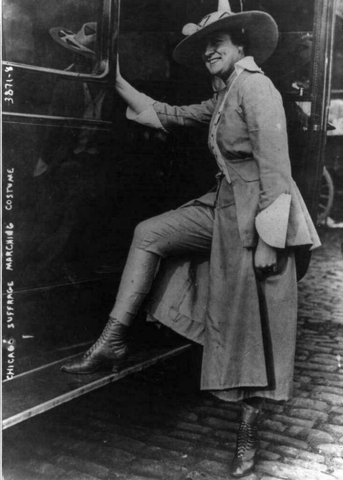 Suffragette Flexes Her Super Tight Pants Under A Light Skirt, 1916