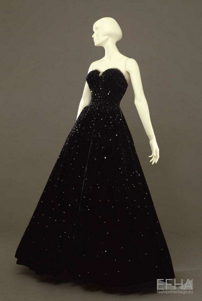 Black Velvet Evening Dress Sparkling with Rhinestones, Circa 1947