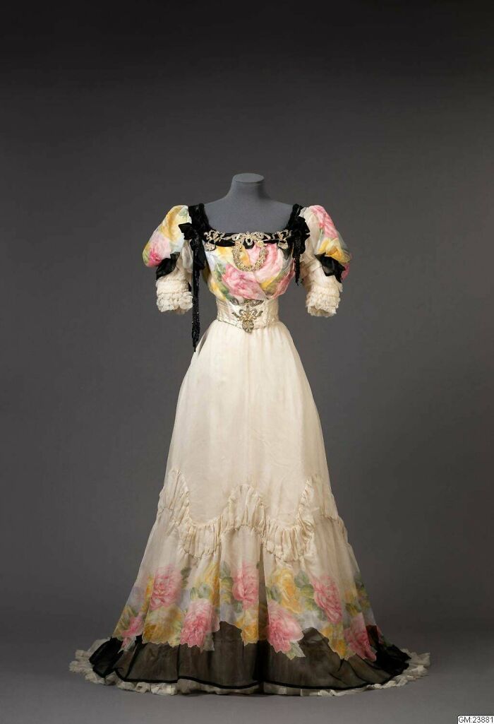 1906 White Satin Ball Gown With Rose Patterns & Velvet Ribbons