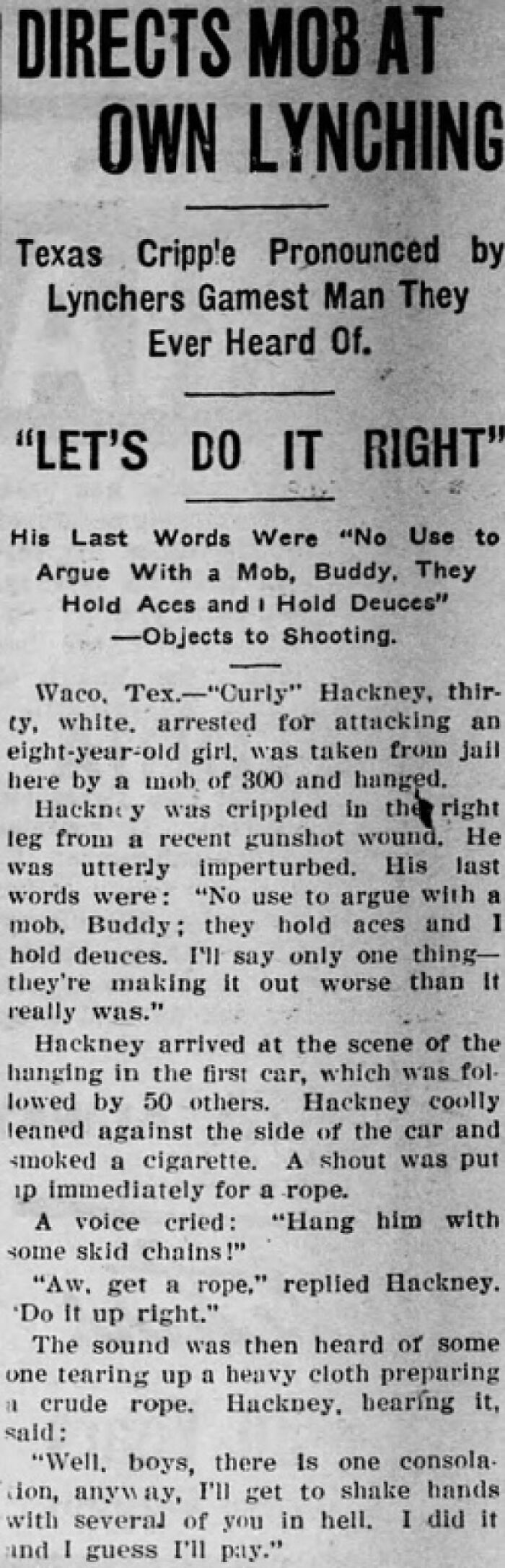 Texas Man Directs His Own Lynching—Says 'Let's Do It Right' (1922)