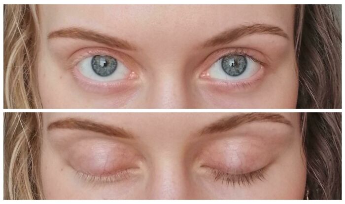 Hair and Eyelashes Split Blonde and Brunette Like a Hair Magician